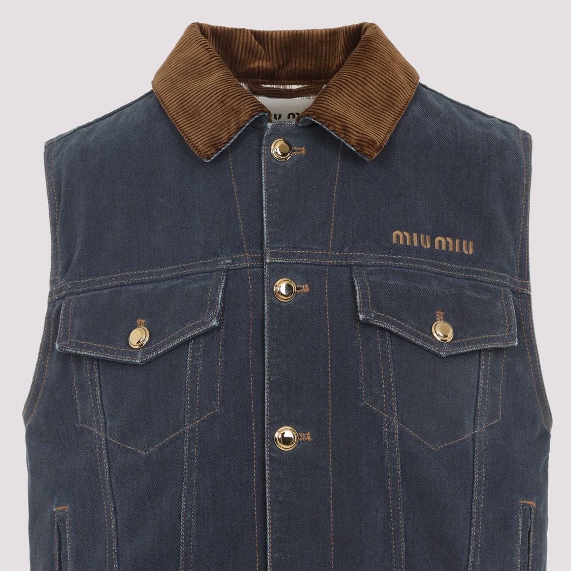 Miu Miu Tailored Denim Vest With Contrasting Corduroy Collar In Blue