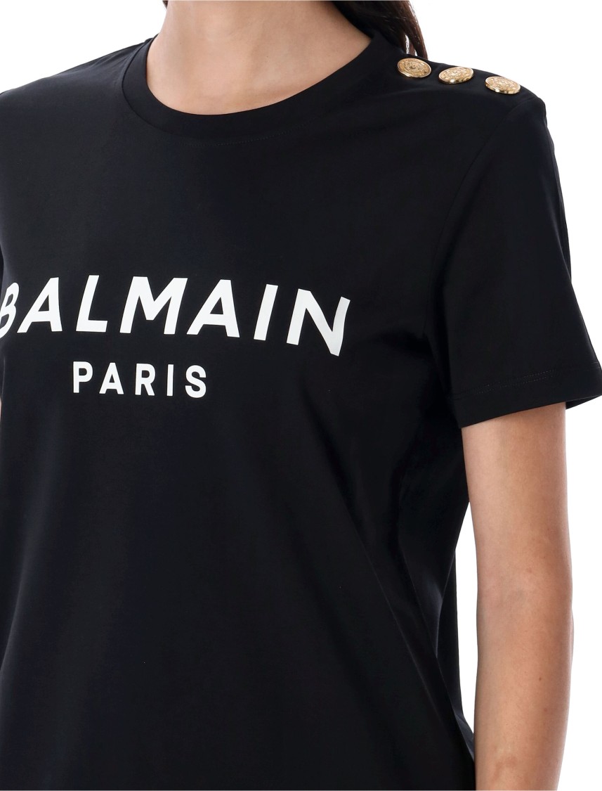 Balmain Black Crewneck T-shirt With Logo Print And Golden Buttons In Black