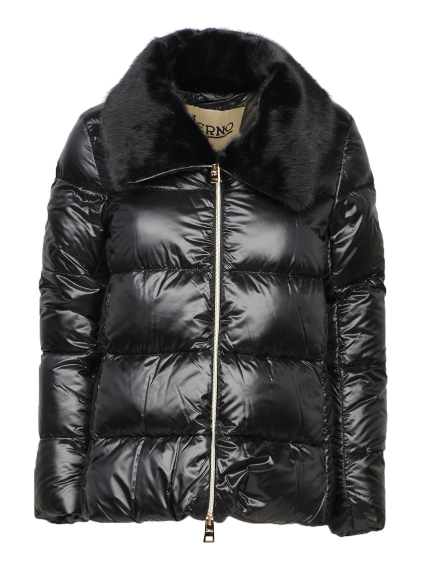 Herno Faux Fur And Quilted Nylon Down Bomber Jacket In Black
