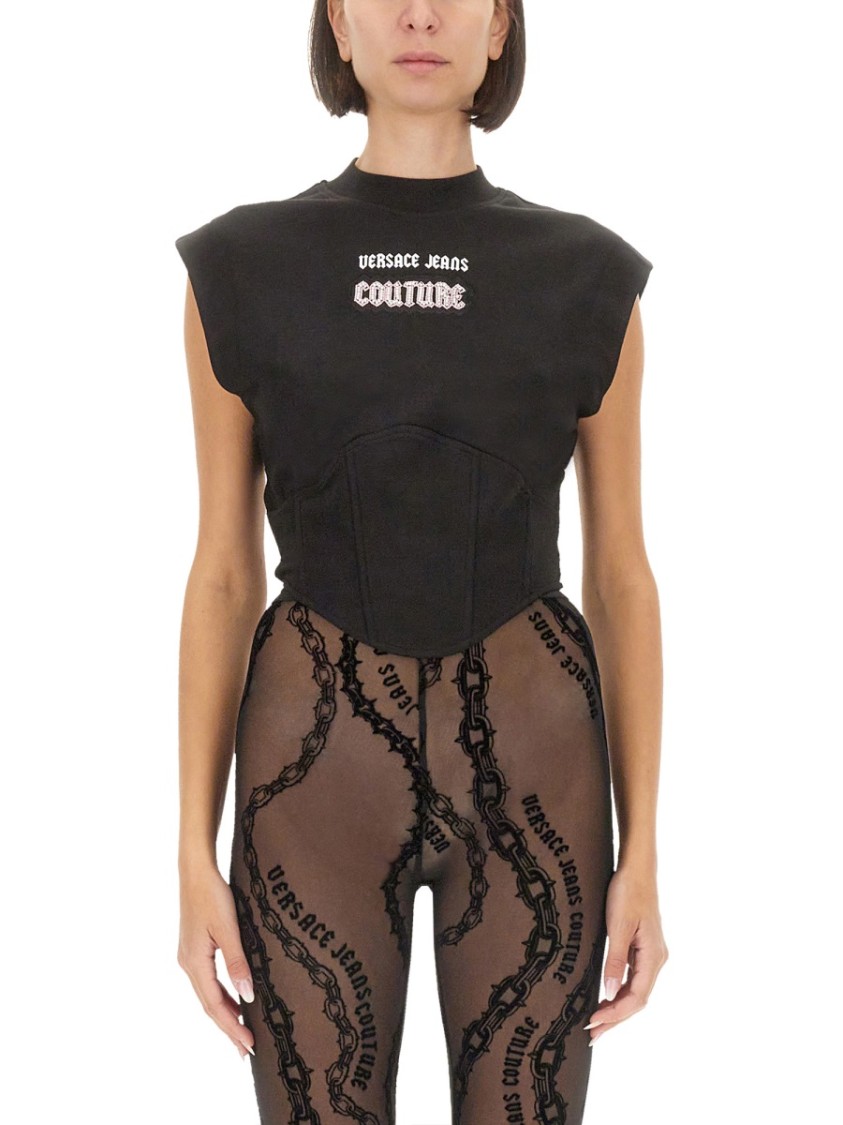 Shop Versace Jeans Couture Slim-fit Top With Contrasting Logo Detail In Black