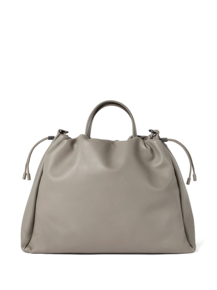 Shop Brunello Cucinelli Gathered Light Grey Calf Leather Bag With Monili Chain Detail