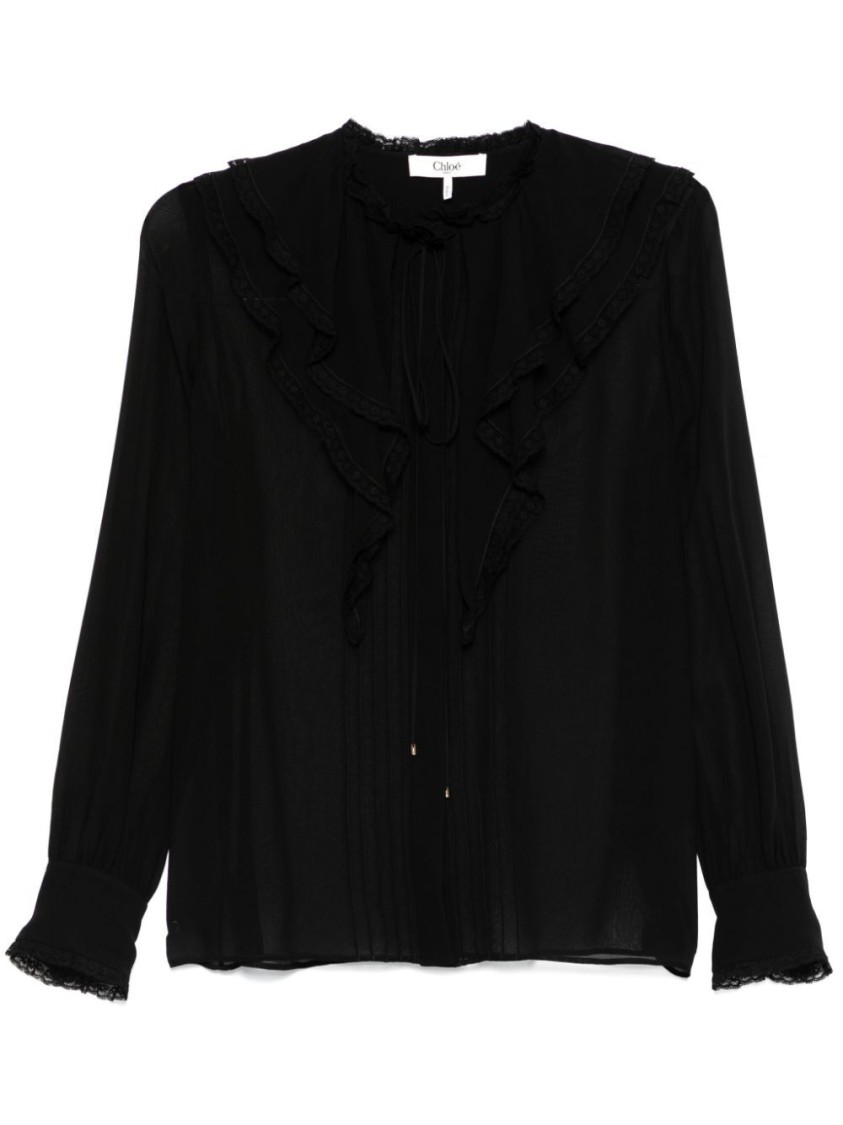 CHLOÉ CHLOÉ SHEER SILK BLACK SHIRT WITH RUFFLED DETAILING 
