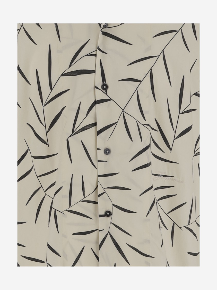 Jacquemus Cotton Poplin Shirt With Foliage Print And Embroidered Logo In Gray