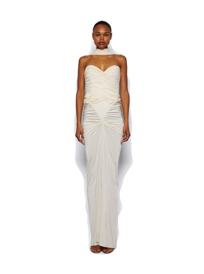 The New Arrivals By Ilkyaz Ozel Samsara Ruched Jersey Dress - Casablanca Lily In Neutrals