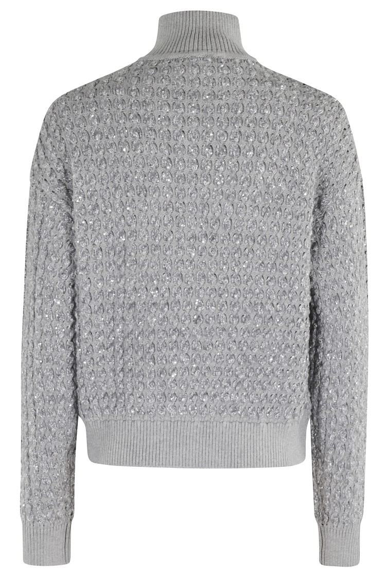 Elisabetta Franchi Cable Knit Tricot Sweater With Sequined Inserts And High Neck In Black