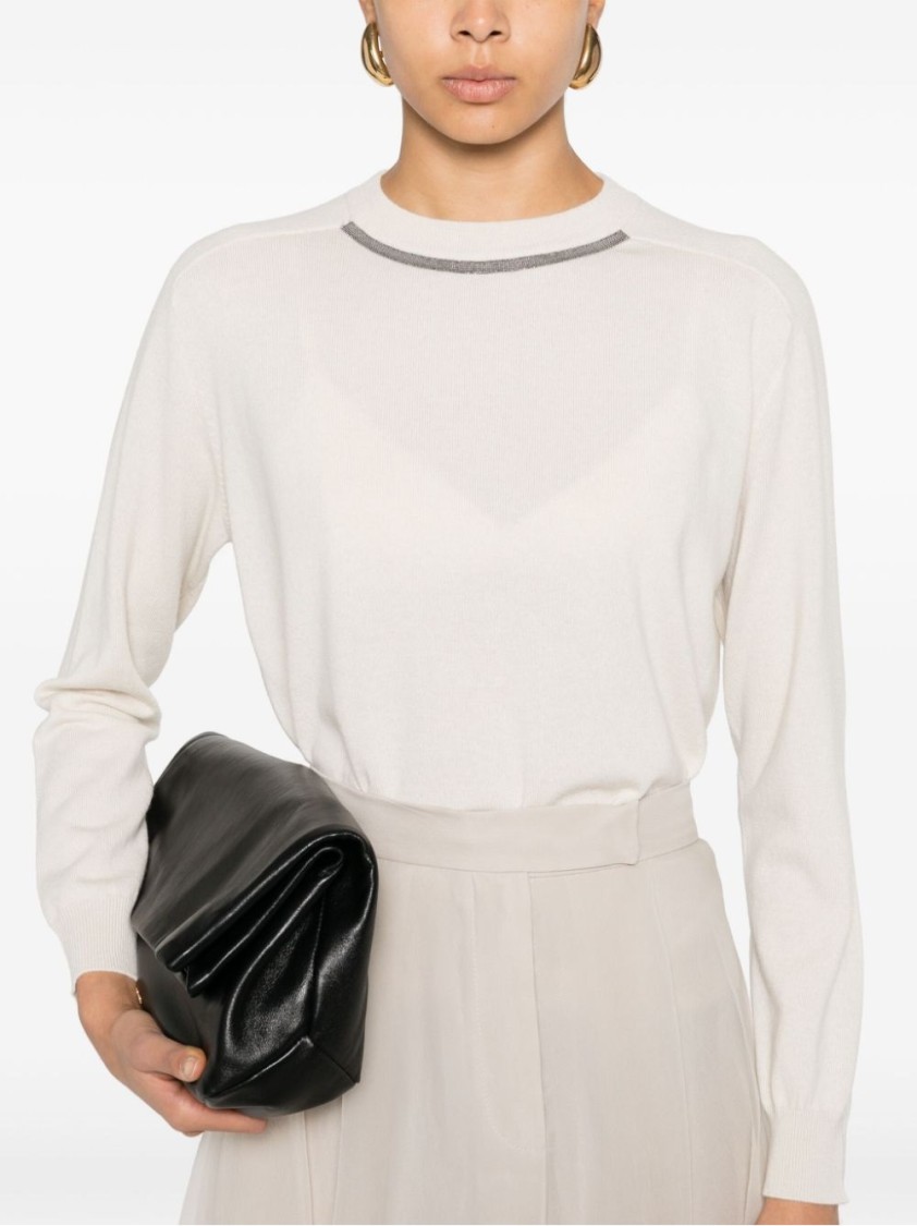 Brunello Cucinelli Crew Neck Long Sleeve Knit Sweater In White