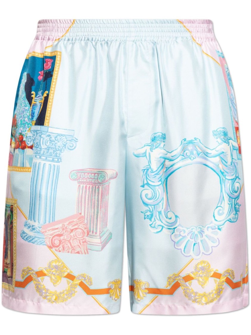 Versace Silk Twill Shorts With Vibrant Classical Motifs In Multicolor