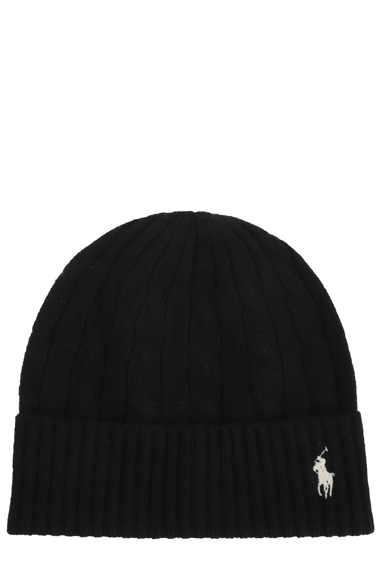 Polo Ralph Lauren Ribbed Knit Beanie Hat With Logo Detail In Black