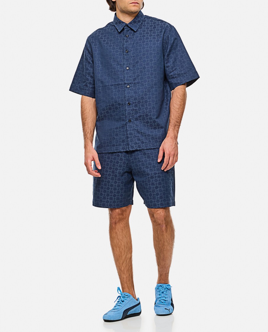 Givenchy Mens Monogram-print Relaxed-fit Cotton-blend Shirt Grey Blue In Blue