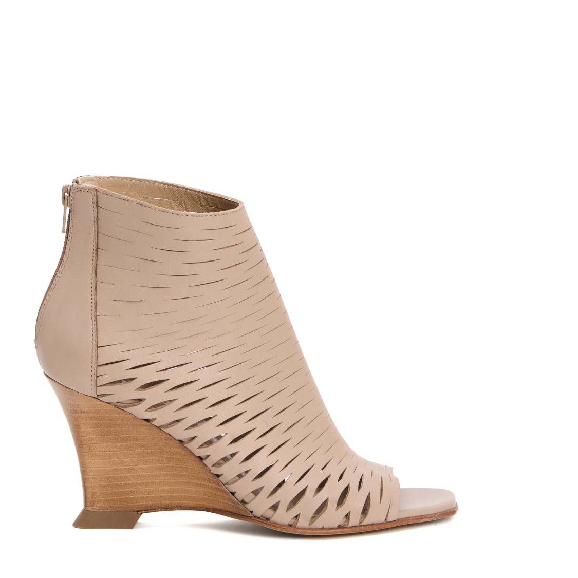 STRATEGIA STRATEGIA BEIGE PERFORATED LEATHER OPEN-TOE WEDGE ANKLE BOOTS 
