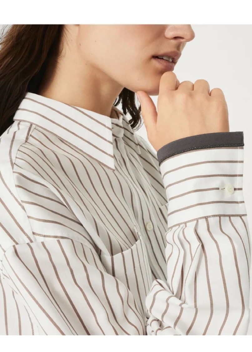 Shop Brunello Cucinelli Long-sleeve Shirt With Vertical Stripes And Contrasting Cuffs In White