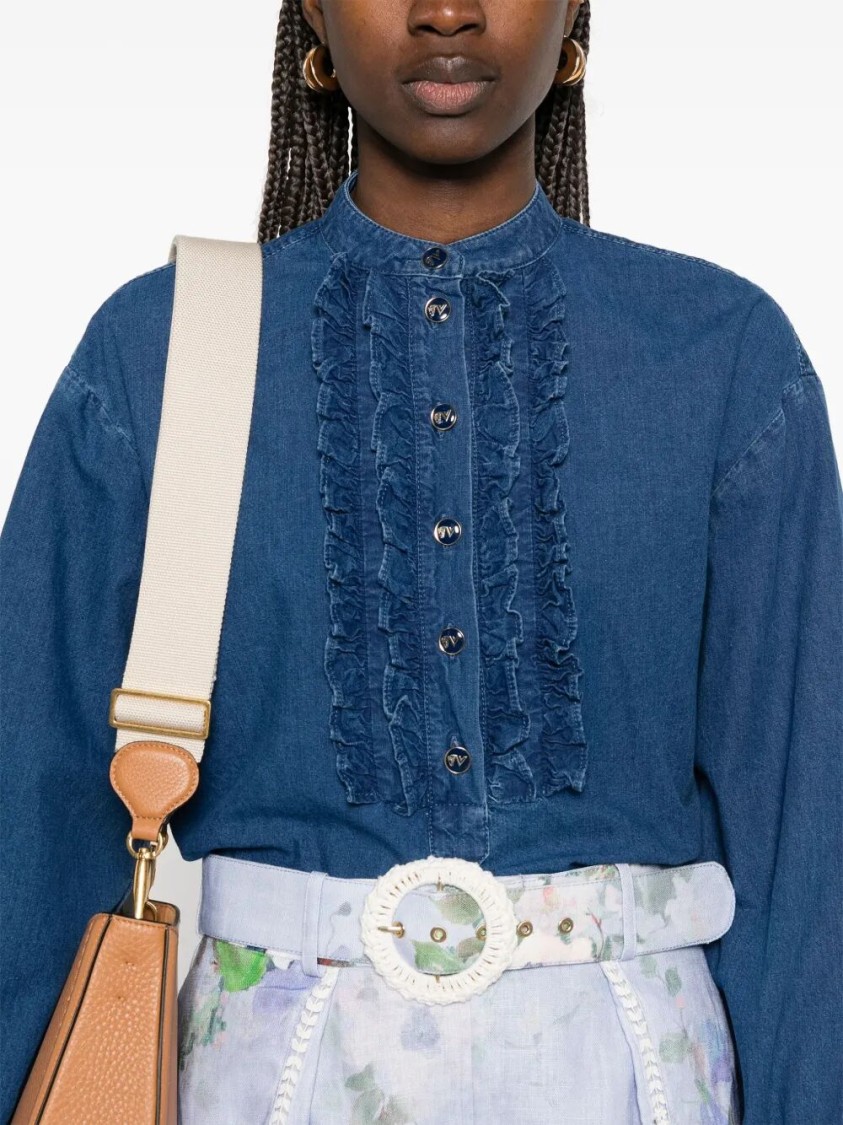 VALENTINO VALENTINO CLASSIC BLUE DENIM SHIRT WITH RUFFLED PLACKET 
