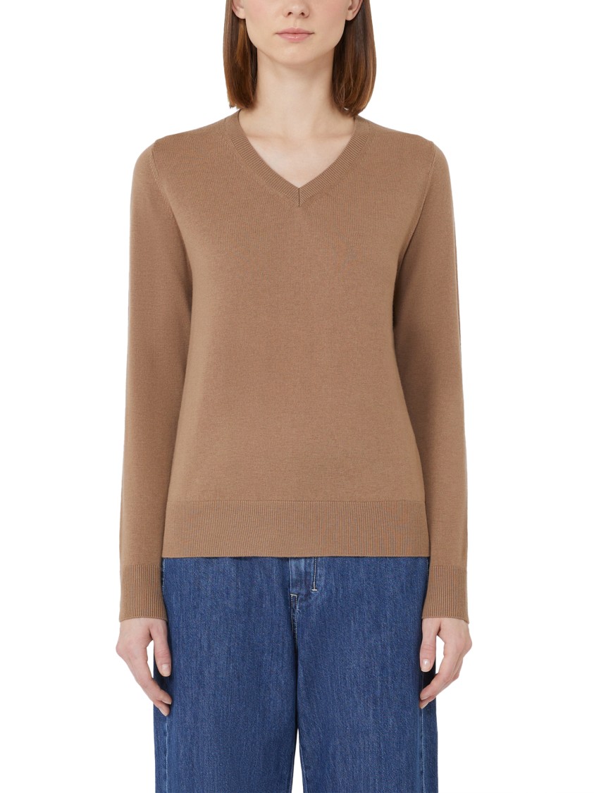 Max Mara V-neck Wool Sweater With Ribbed Detailing In Neutral