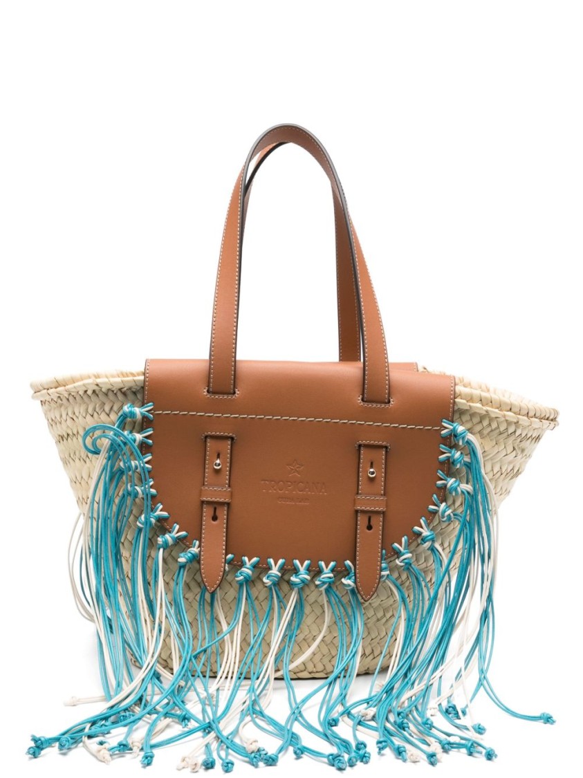 Cuba Lab Structured Brown Handbag With Woven Straw