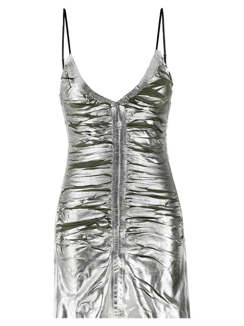 Diesel Shimmering Metallic Ruched V-neck Dress In Silver