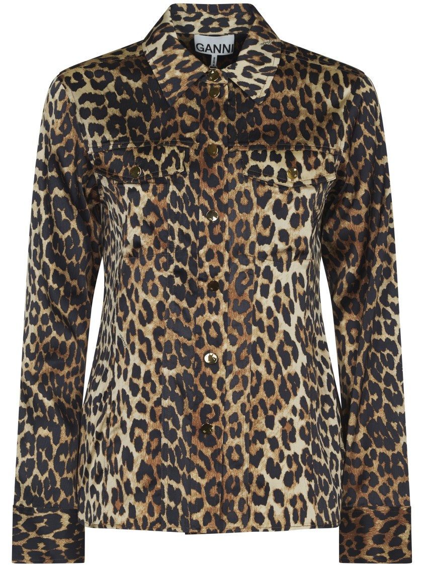 Ganni Leopard Print Canvas Overshirt In Animal Print