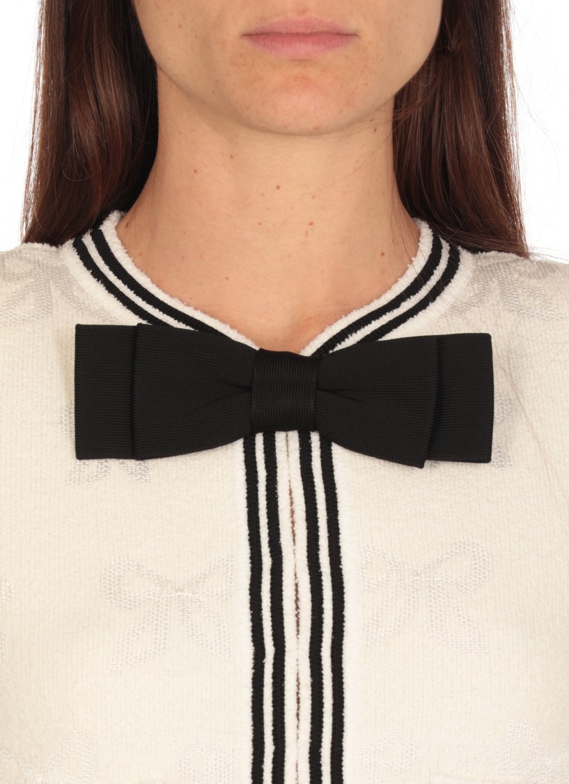 Self-portrait Beige Cardigan With Bow Detail On The Front And Contrasting Trims In Cotton Blend Woman In Neutrals