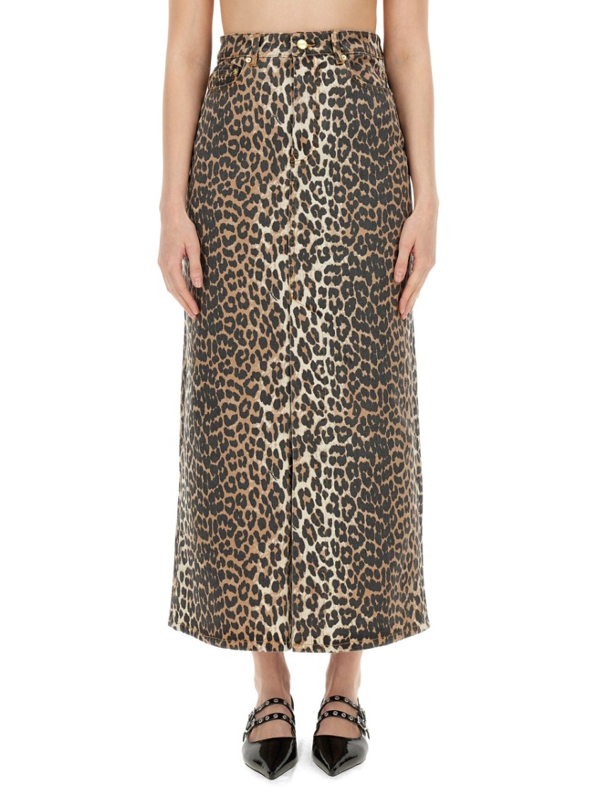 Ganni Leopard Printed Elasticated Maxi Skirt In Brown