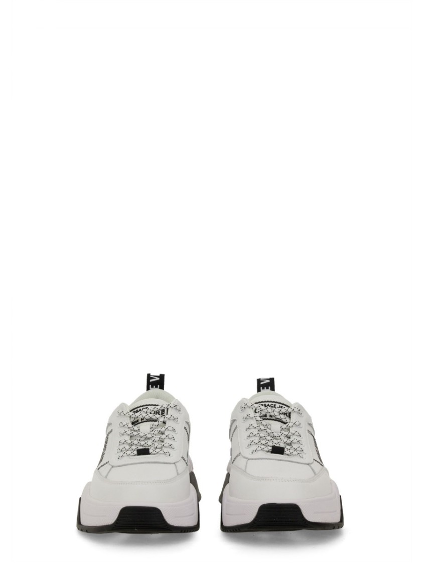 Shop Versace Jeans Couture Leather Sneakers With Textured Finish And Metallic Accents In White