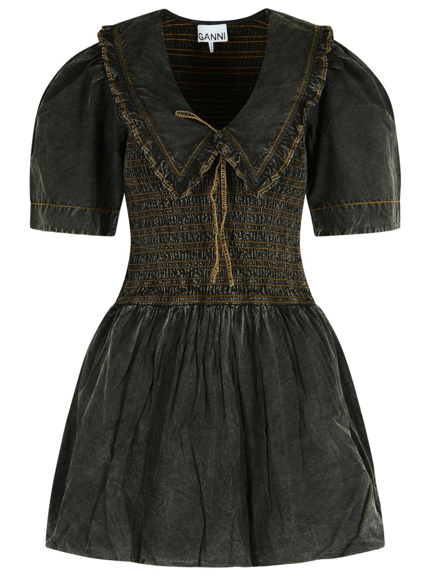 Ganni Cotton Dress With Puff Sleeves And Ruffled Collar In Black