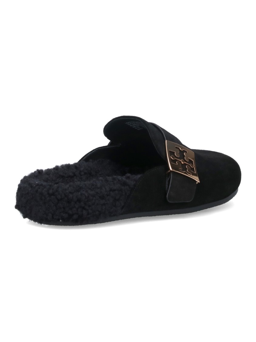 Tory Burch Mellow Logo Plaque Shearling Flat Mules In Black