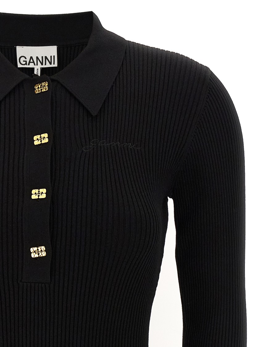 Ganni Black Flared Dress With Ribbed Details In Black