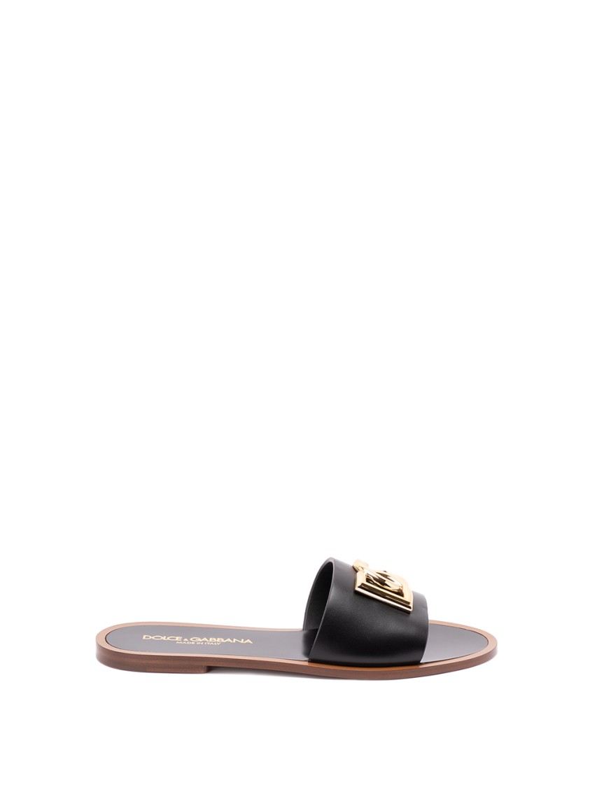 Dolce & Gabbana Flat Leather Slide Sandals With Front Embellishment In Black