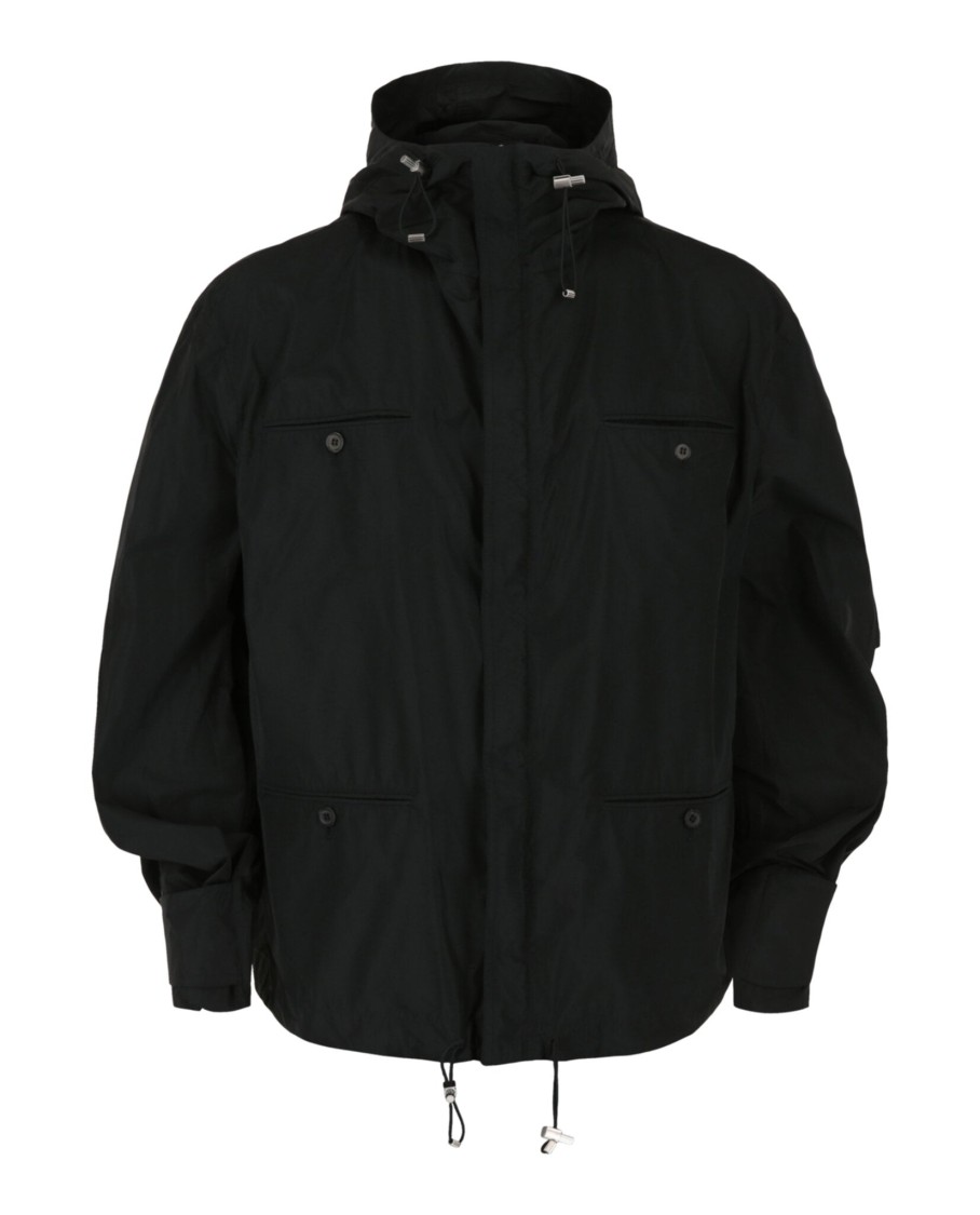 Ferragamo Hooded Windbreaker Jacket With Stand Collar In Black