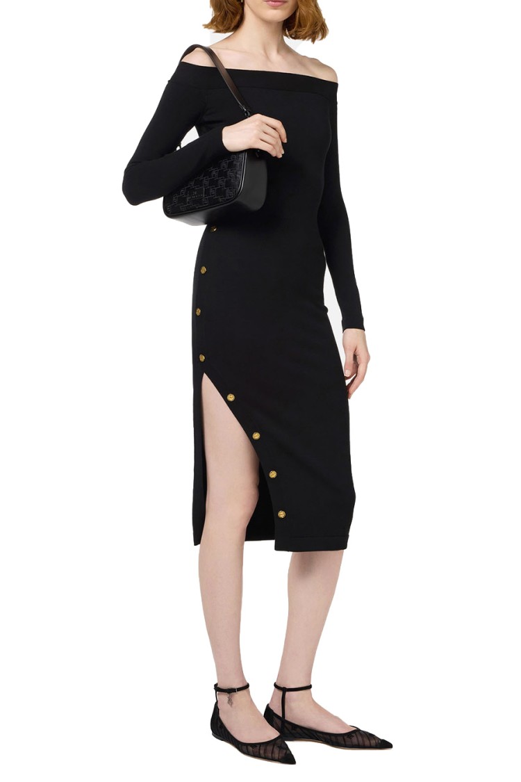 Elisabetta Franchi Fitted Black Midi Dress With Off-the-shoulder Neckline In Black