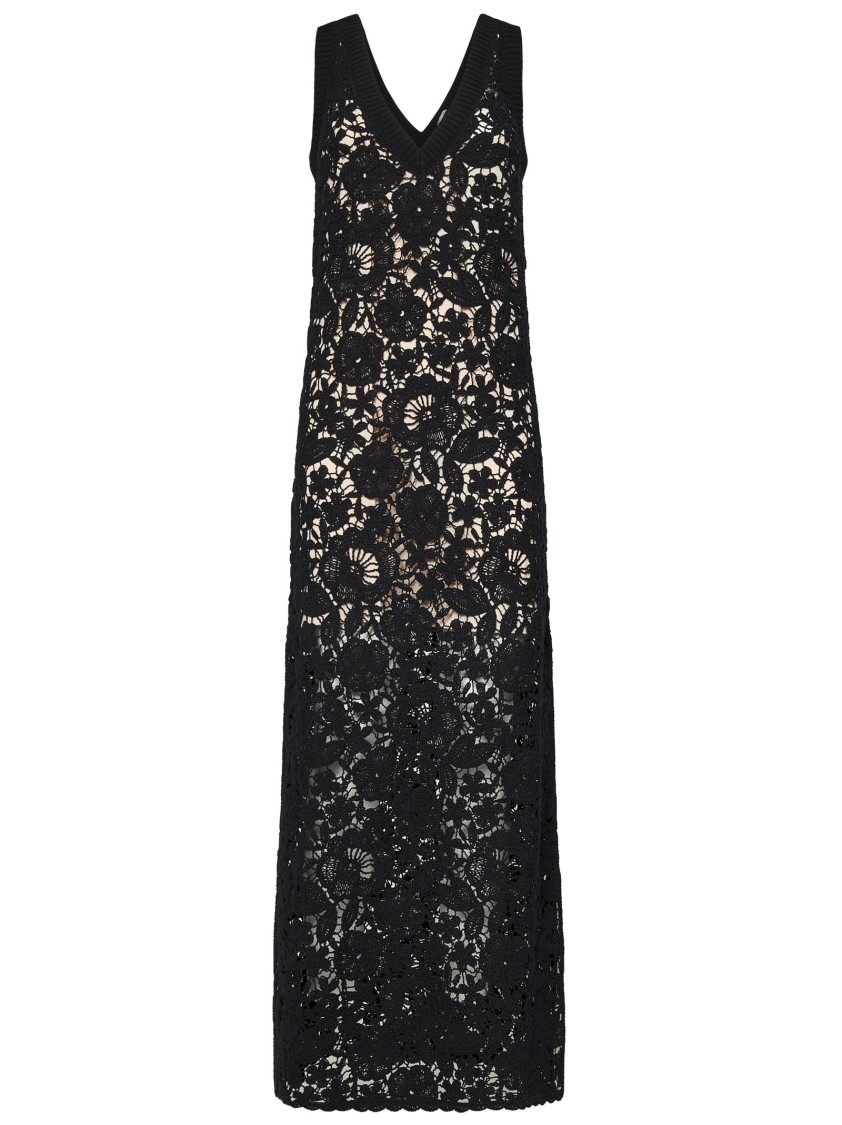 P.a.r.o.s.h Parosh Long Black Cotton Crochet Lace Dress With V-neckline In Black