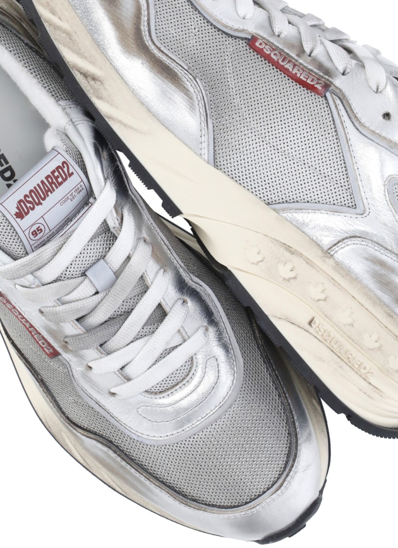 Dsquared2 Vintage-effect Silver Leather Mesh Sneakers In Grey
