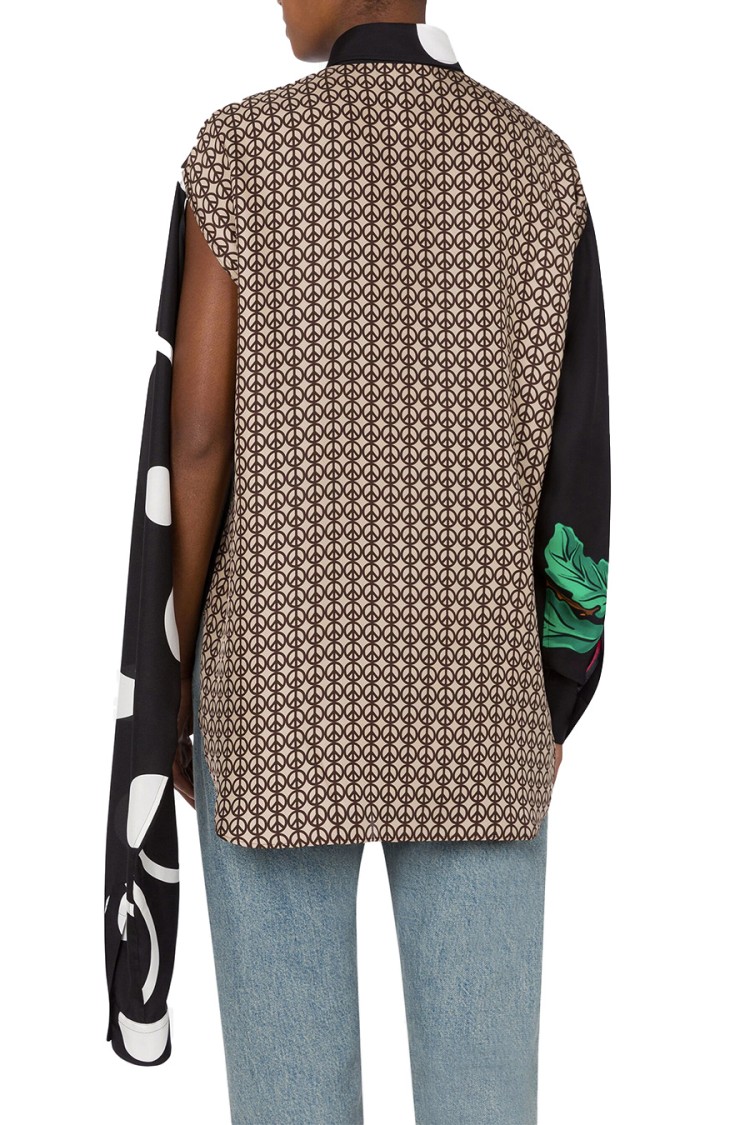 Moschino Multicolor Silk Shirt With Asymmetrical Long Sleeve In Brown