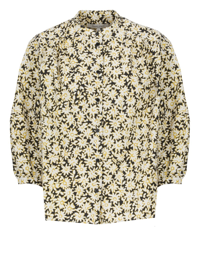 Shop Maison Kitsuné Black Cotton Shirt With Contrasting Floral Pattern In Neutrals