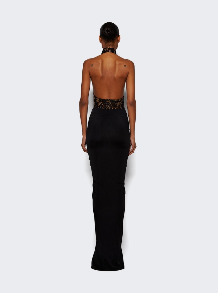The New Arrivals By Ilkyaz Ozel Cass Lace Halterneck Gown Derriere Noir In Black