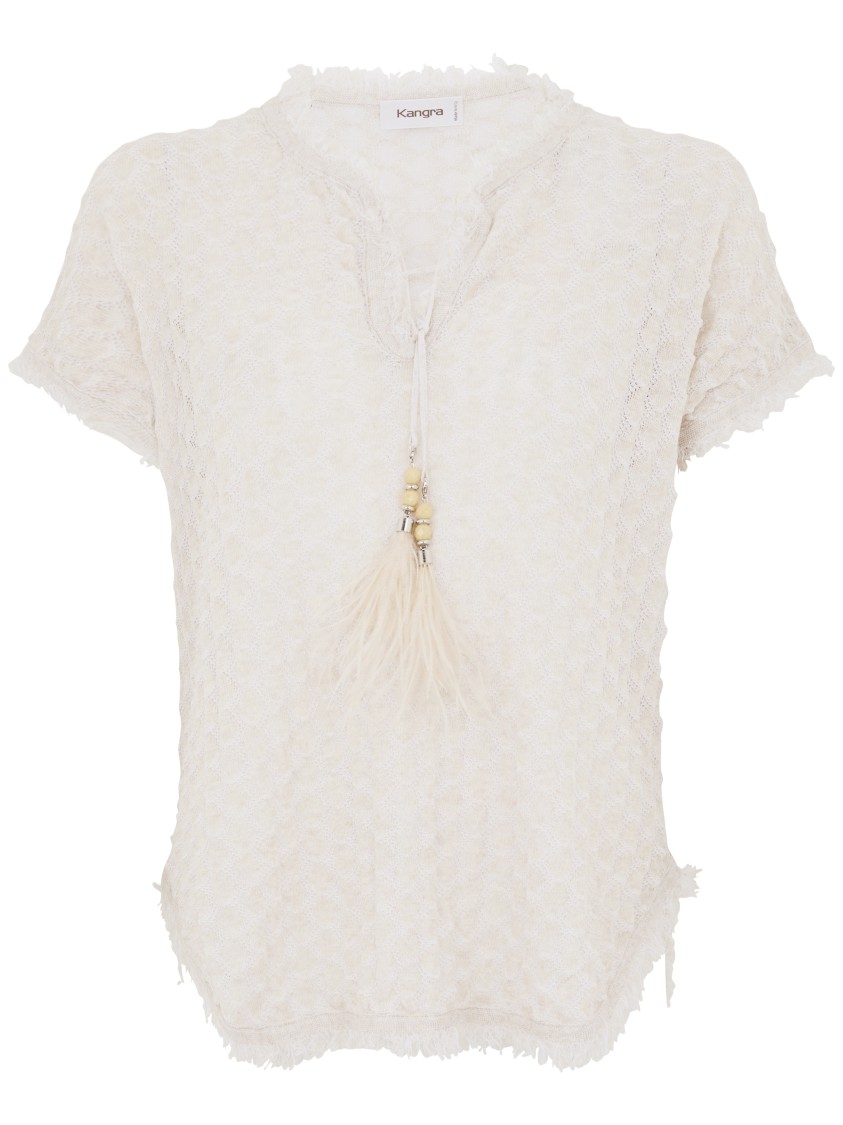 Kangra Cashmere Ecru Cotton Blend Short-sleeved Sweater