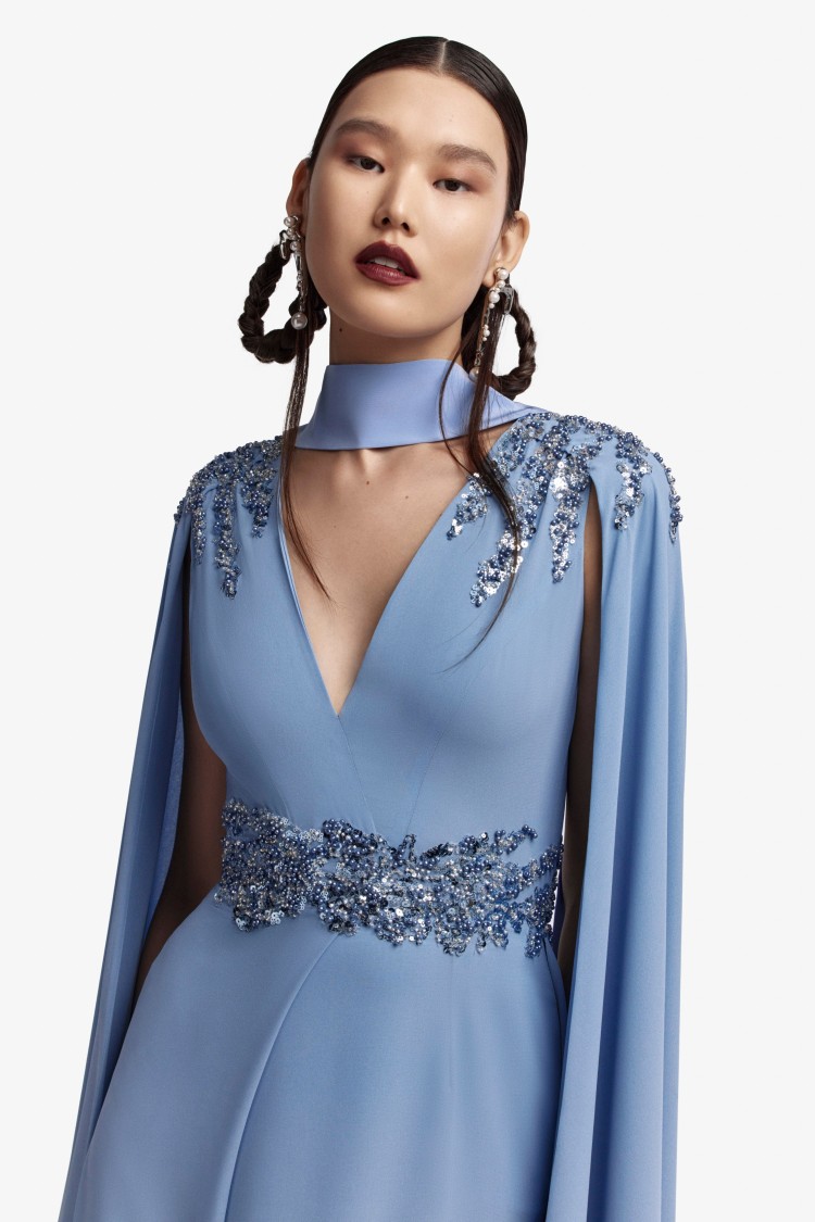 Saiid Kobeisy Crepe Dress With Cape In Blue