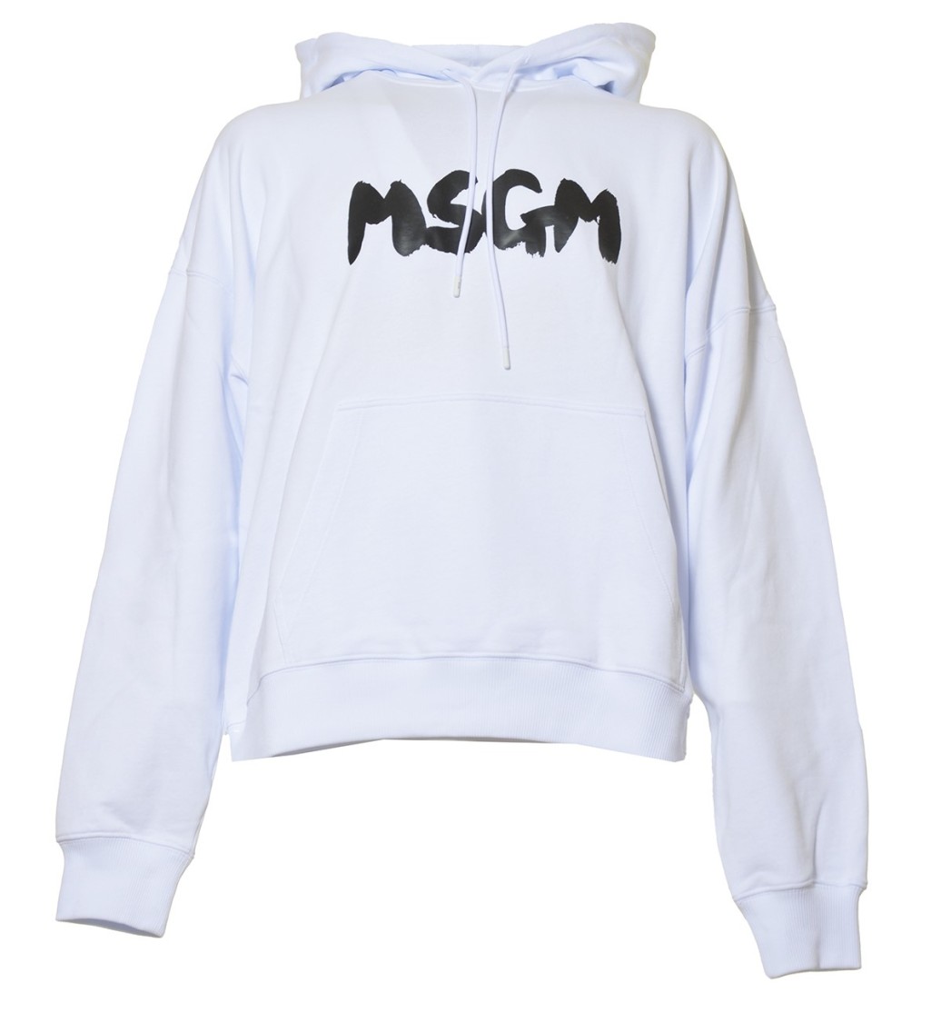MSGM MSGM WHITE COTTON HOODIE WITH LARGE BRUSHSTROKE LOGO PRINT