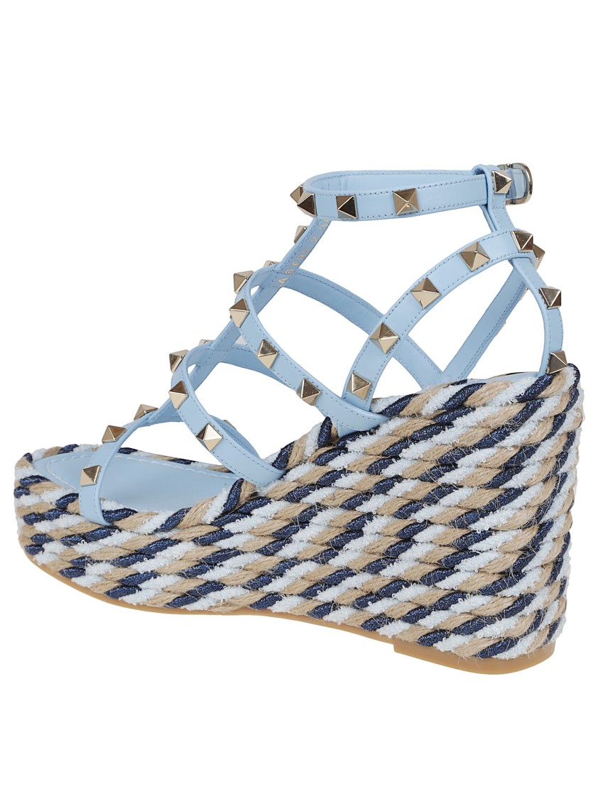 Valentino Garavani Rockstud Calfskin Wedge Sandal With Straps 95mm Woman Baltic Blue 37 In Multi