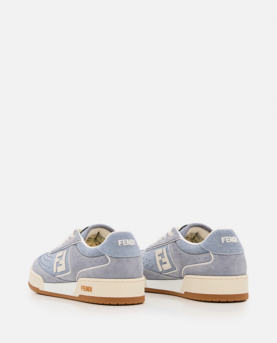 Shop Fendi Denim And Leather Trainers With Embossed Logo In Blue