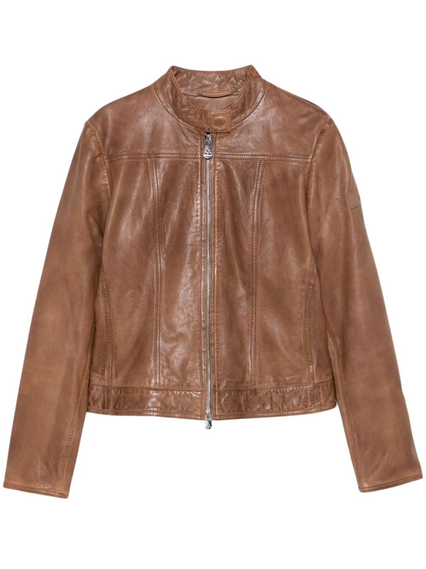 Peuterey Brown Leather Jacket With High Collar In Brown