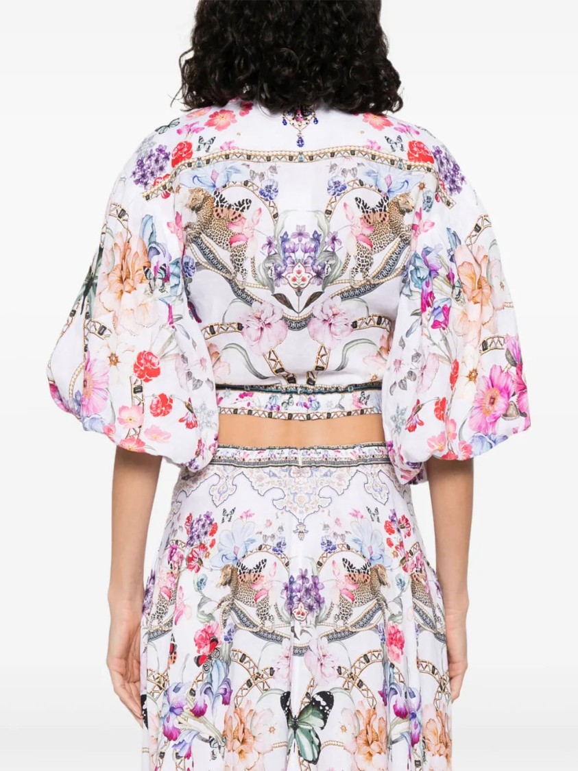 Shop Camilla White V-neck Crop Top With Knot Detailing And Wide Sleeves