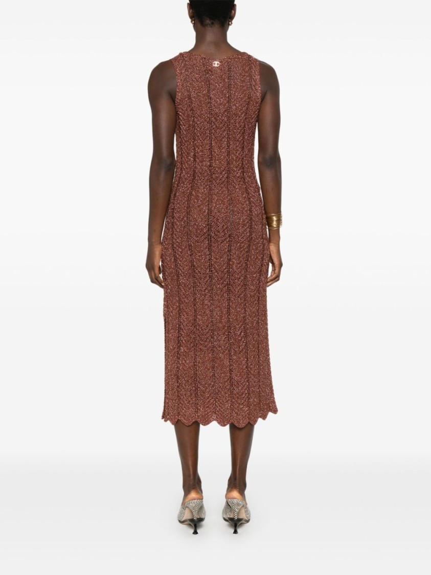 TWINSET TWIN-SET BROWN MIDI DRESS WITH TEXTURED FABRIC