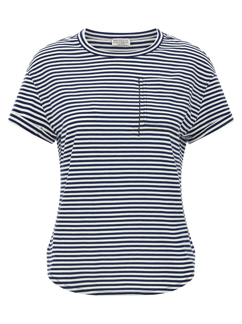 Brunello Cucinelli Striped Cotton T-shirt With Jewel Pocket Detail In Multi