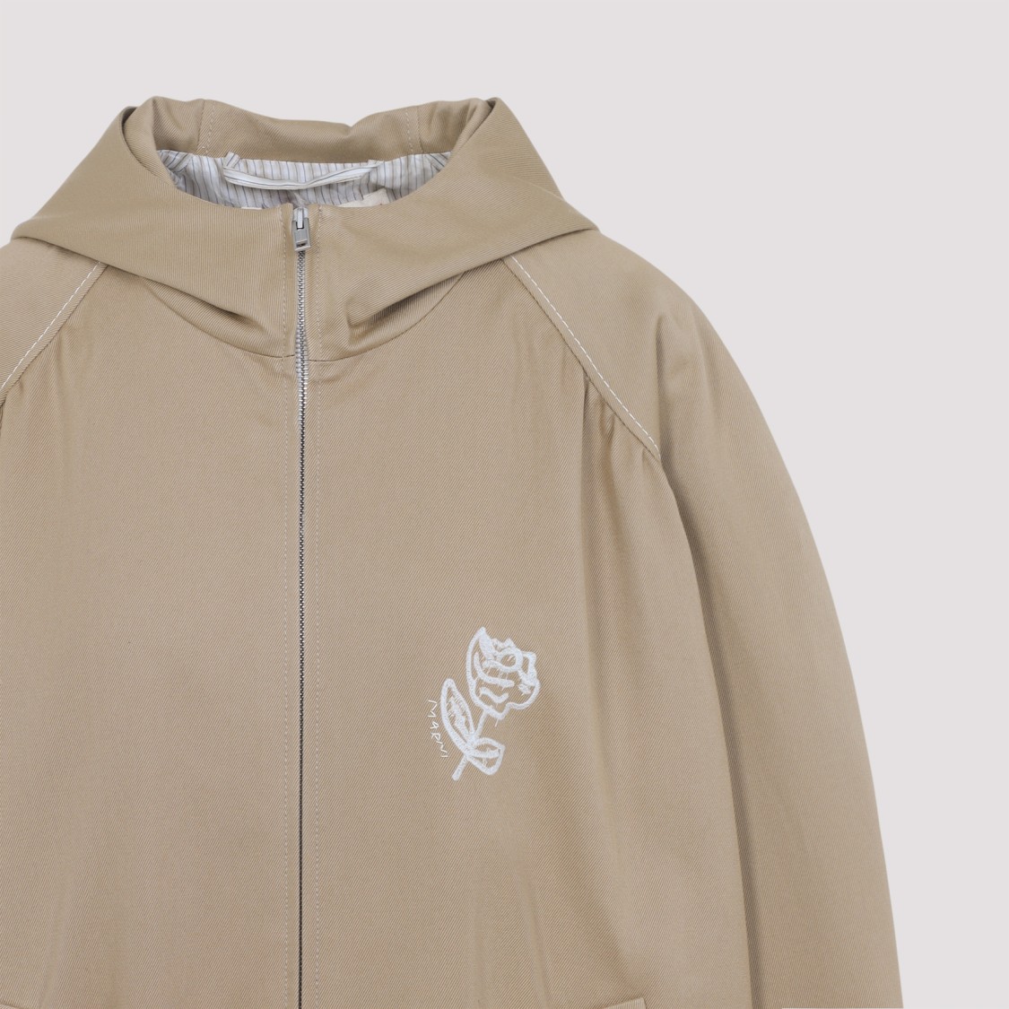 Marni Hooded Jacket With Embroidered Detail And Elasticated Hem In Neutral