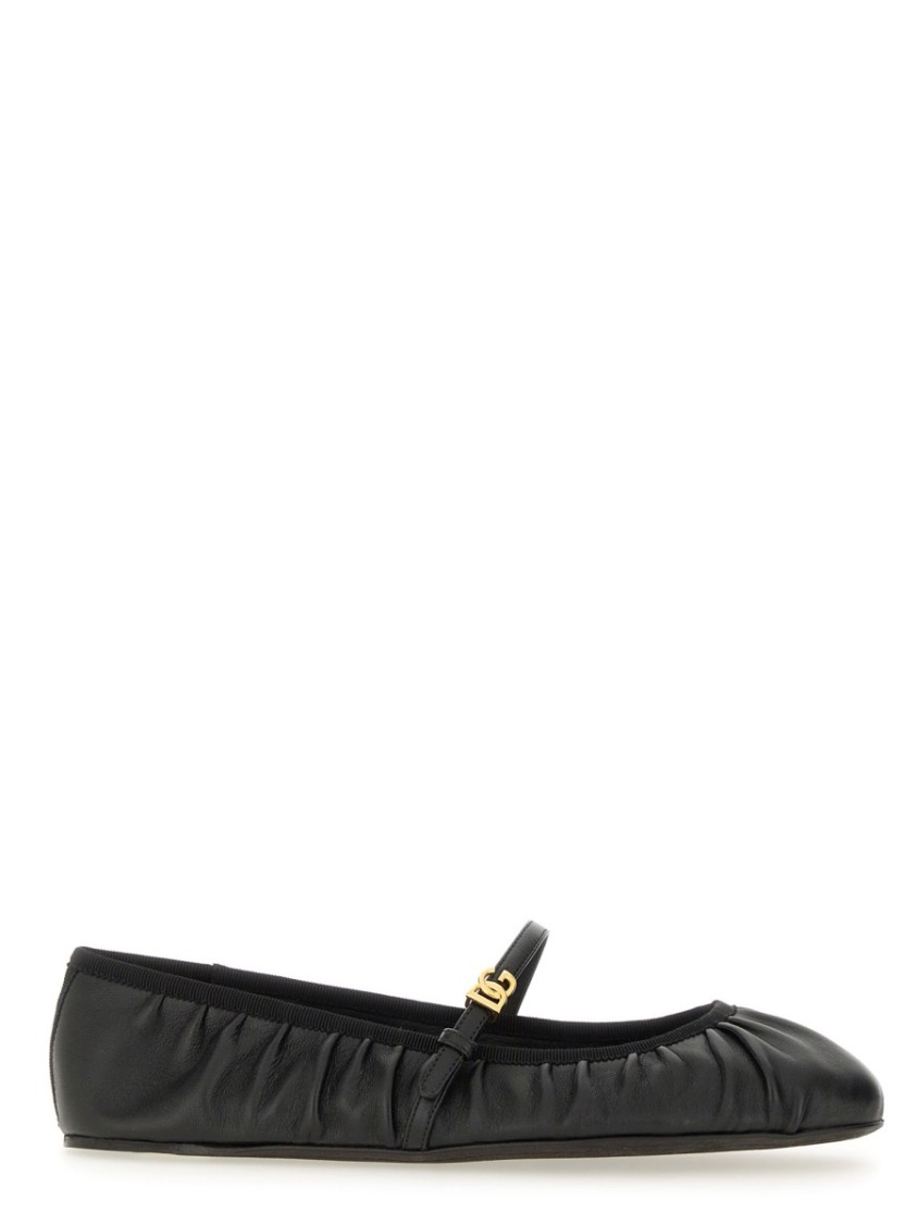 Dolce & Gabbana Black Ballerinas With Metallic Logo And Strap In Leather Woman In Black