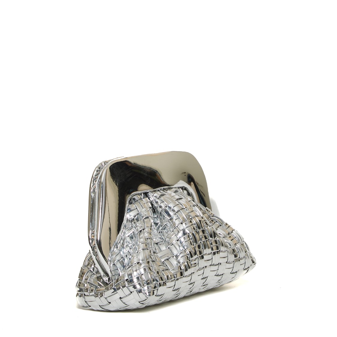 Themoirè Woven Silver Vegan Leather Clutch With Mirrored Finish In Silver