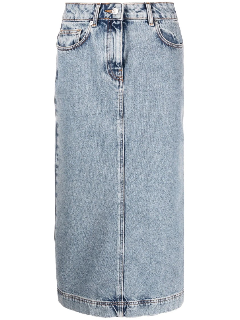Moschino High-waisted Midi Denim Skirt With Five-pocket Styling In Blue