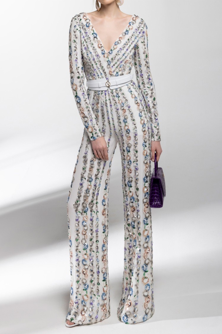 Saiid Kobeisy Canton Crepe Beaded Jumpsuit With A Wrapped