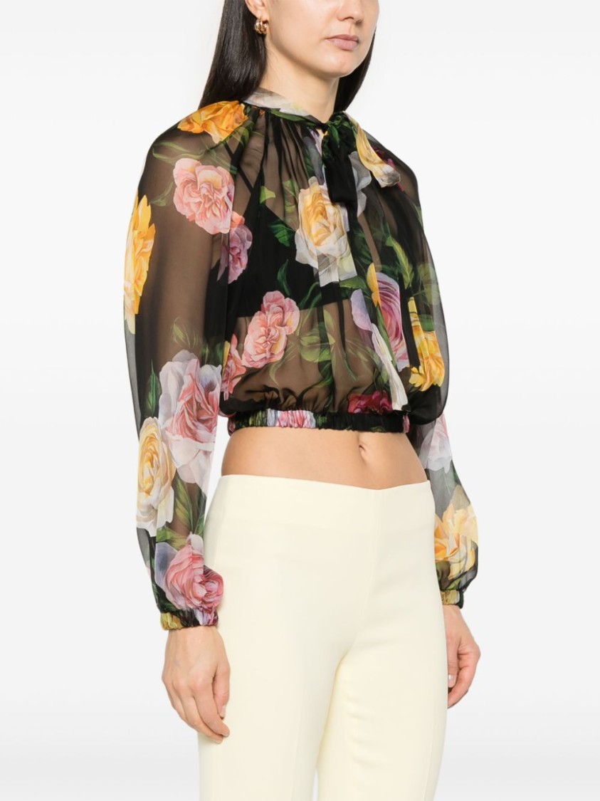 Dolce & Gabbana Rose Tie-neck Chiffon Cropped Blouse In Black