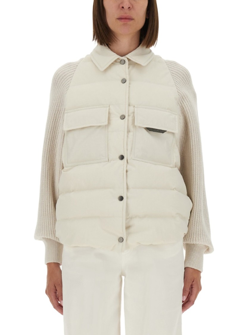 Brunello Cucinelli Two-material Down Jacket With Shiny Flap Detail In White